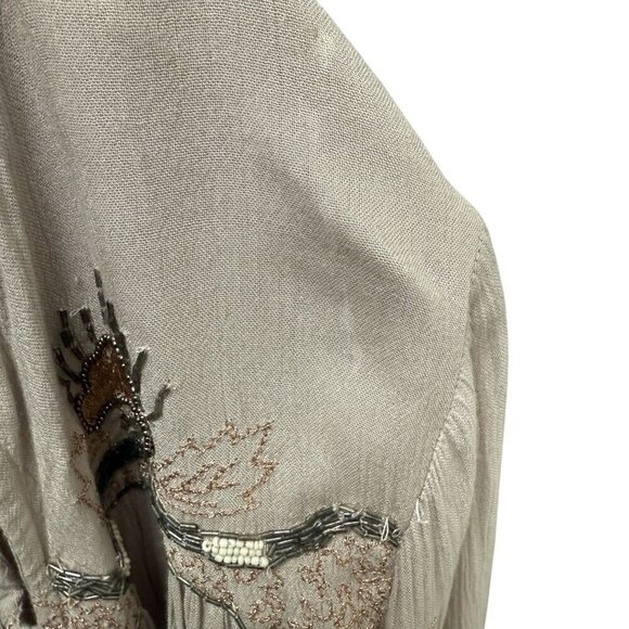FREE PEOPLE Flowy Blouse XS Oversized Rayon Long Sleeve Boho Top Beaded Beige - Picture 14 of 14